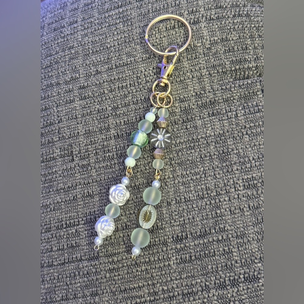 Mint/Teal Handmade Beaded Bag Charm/Keychain with Gold Colored Accents